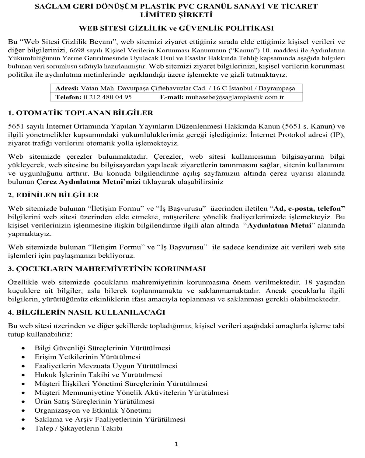 Web Sitesi Gizlilik Politikası